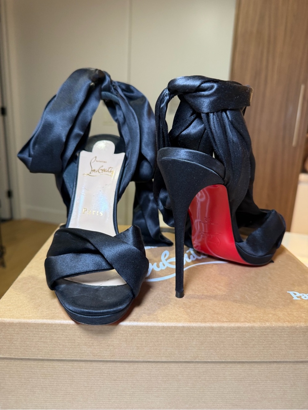 Christian Louboutin Black Satin Ankle Tie Stiletto Sandals